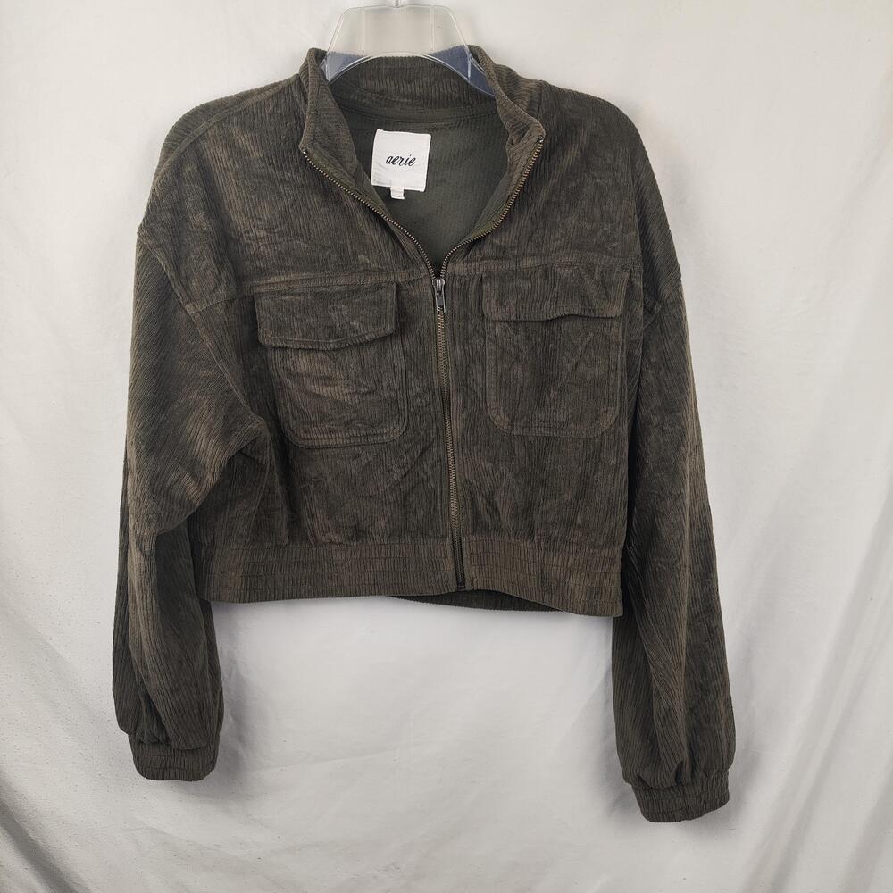 Aerie Jacket Womens Medium Green Corduroy Bomber Full Zip Chest Pockets Cropped